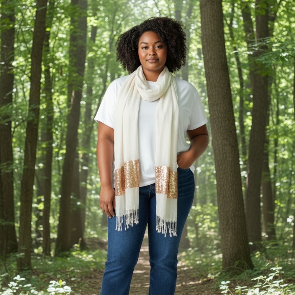 New York & Company White and Gold Sequin Scarf